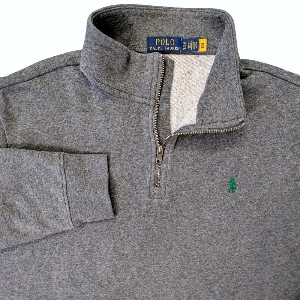 Polo Ralph Lauren Quarter Zip Fleece Sweatshirt XL Gray Green Pony Logo Preppy